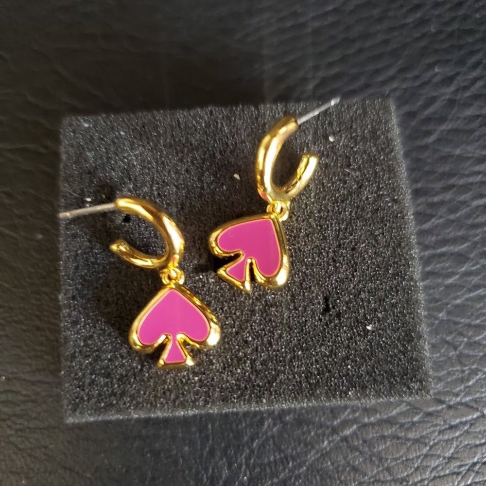 Kate Spade Everyday Spade Huggie Hoop Dangle Earrings Pink Enamel Gold‎ NWT - Picture 5 of 7